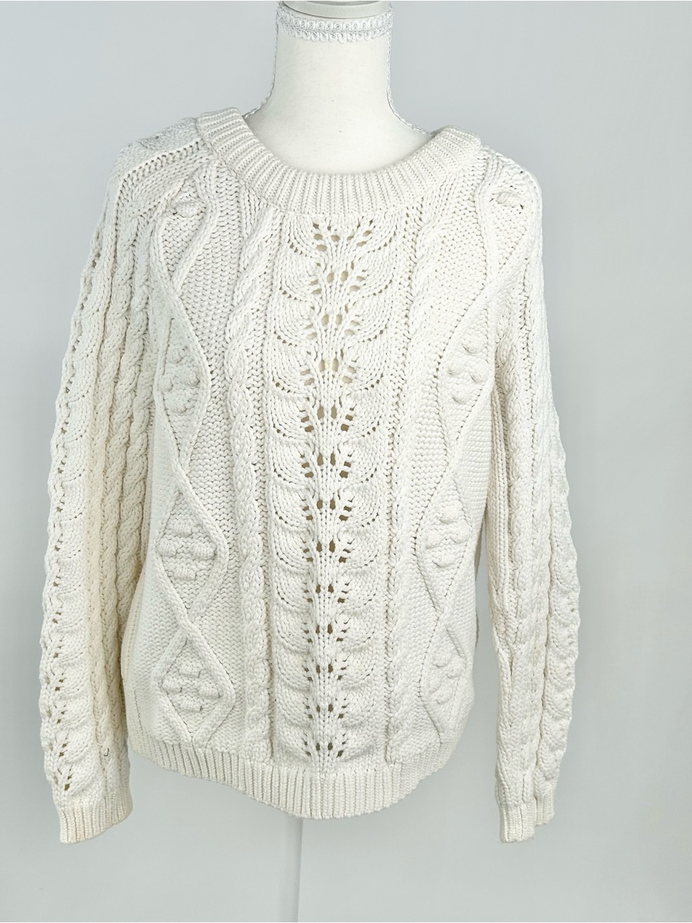 Anthropologie Knitted & Knotted Ivory Cable Knit Sweater Large Pointelle